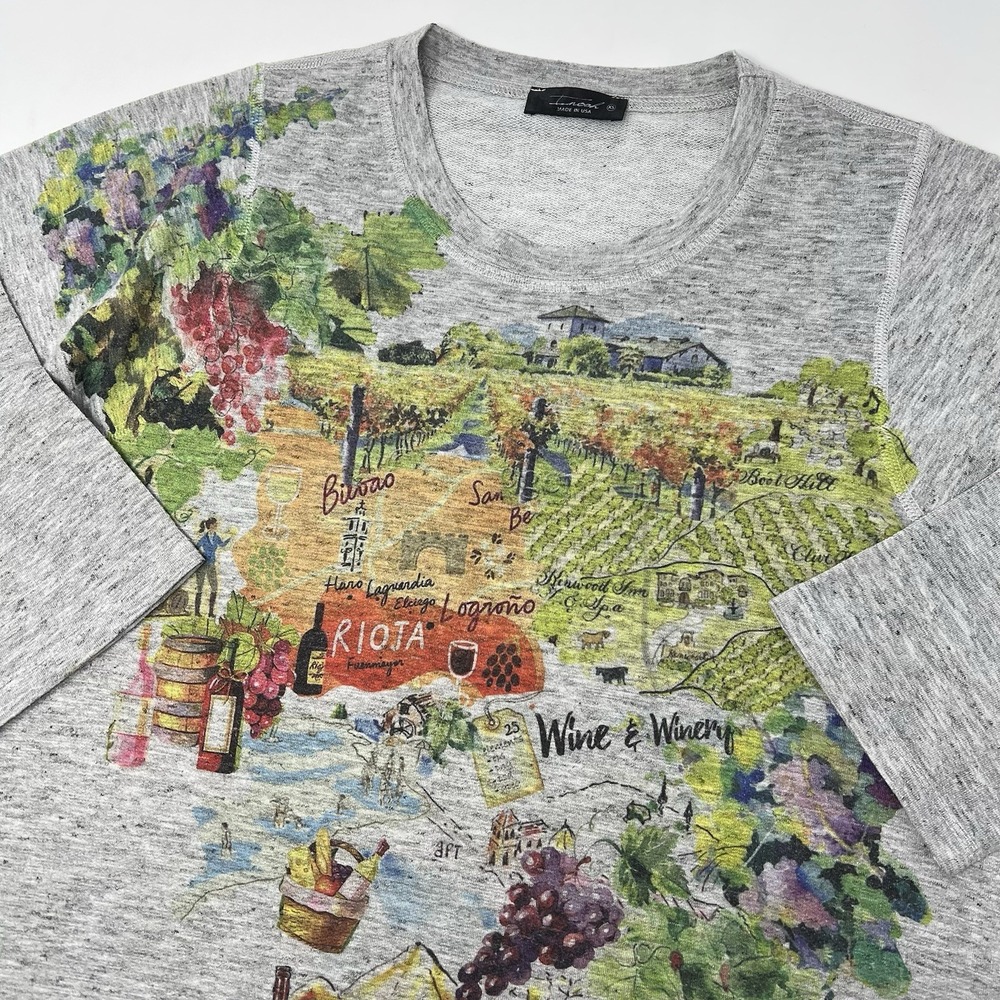 Inoah Shirt Womens XS Gray Vineyard Wine Wearable Art 3/4 Sleeve Tunic